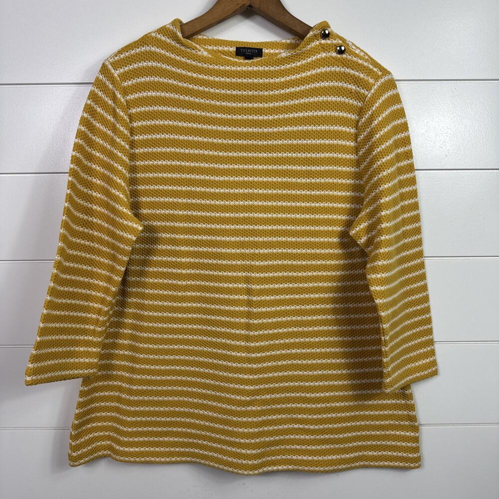 Talbots Textured 3/4 Sleeve Knit Sweater Gold Yellow White Stripe sz L Petite